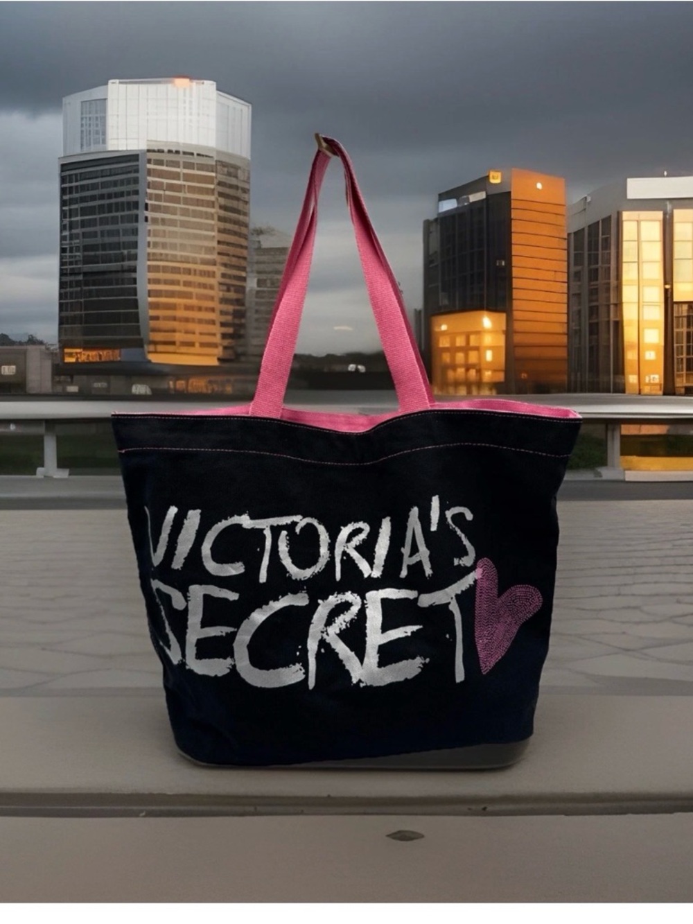 Victoria's Secret Black Canvas Tote with Pink Handles and Heart Logo